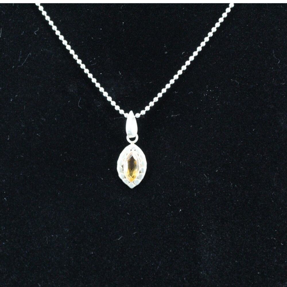 925 Sterling Silver Citrine Pendant Necklace Marquis Cut Gemstone Ball chain 18”